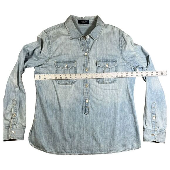 Talbots Denim Chambray Jean Blouse 1/4 Button-Up Roll Tab Long Sleeve Size Small - Picture 3 of 6